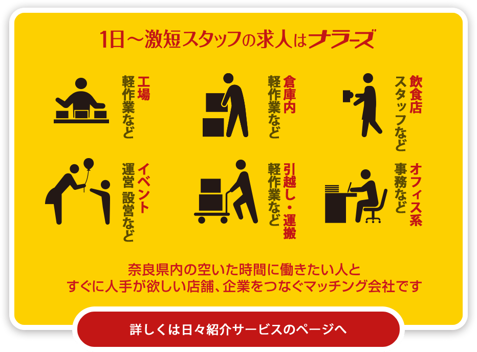 1日〜激短スタッフの求人はナラーズ。詳しくは日々紹介サービスのページへ